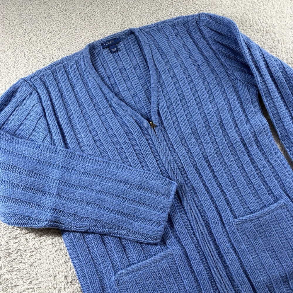 J.Crew Wool Cardigan Sweater Womens Large Blue Zip Pockets Heavy Knit